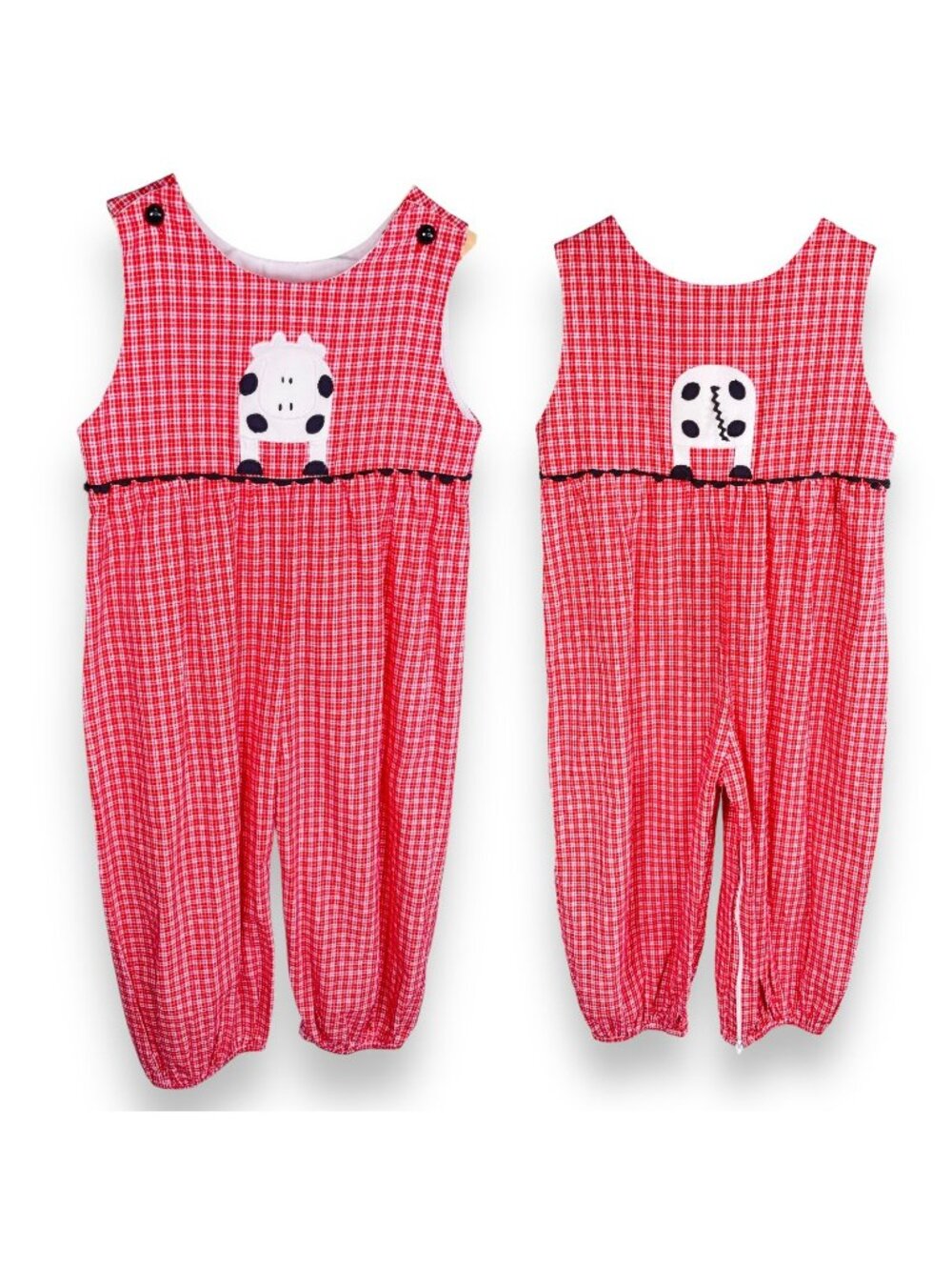 Vintage Funtasia Red Gingham Cow Appliqué Longalls Romper Outfit 3T